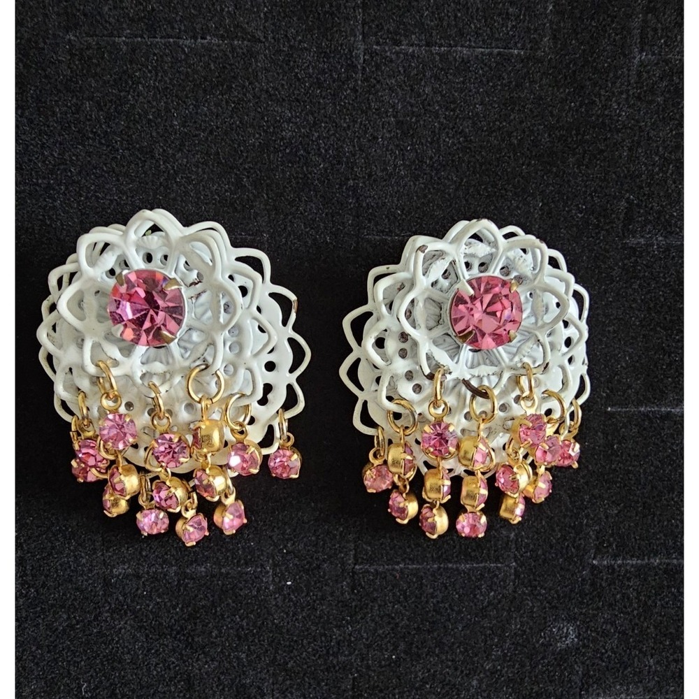 White Enamel Layered Filagree Clip On Earrings‎ Pink Rhinestones Dangles 1.5"